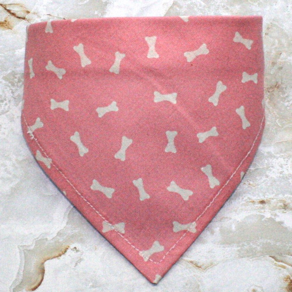 HAND CRAFTED Bandana Dog Bones White on Pastel Pink Print Pet Scarf Accessory